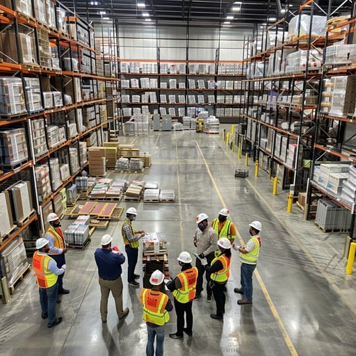 Image shows a group of employees meeting within a warehouse.