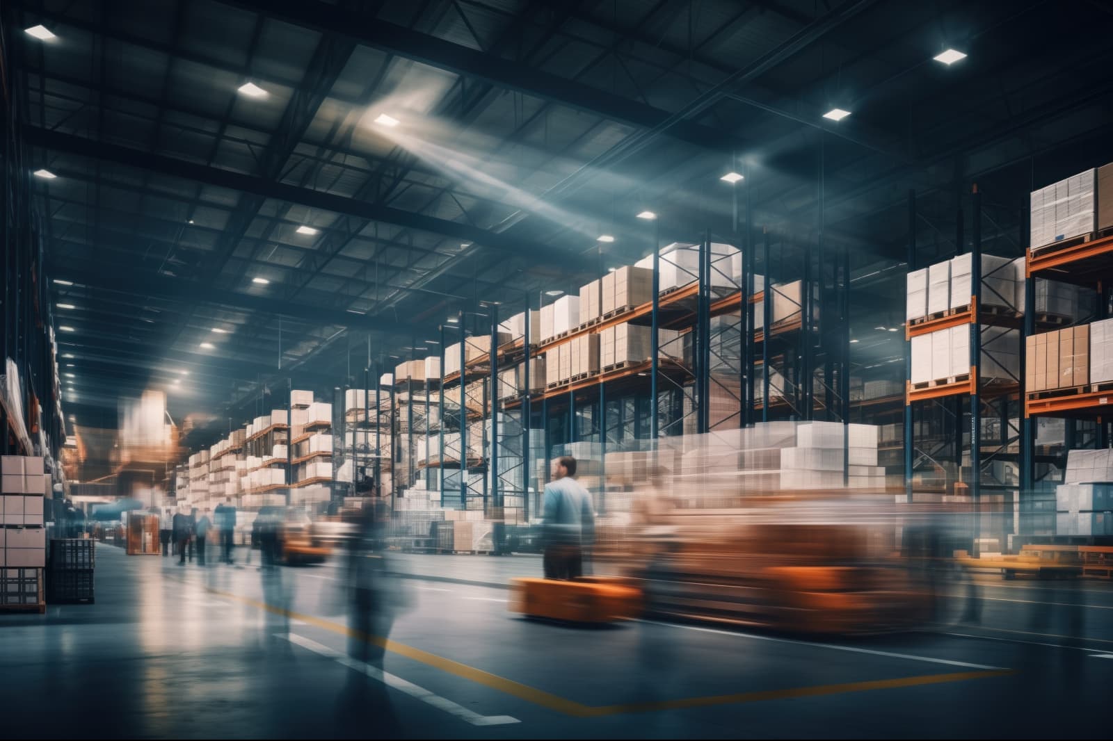Image shows a busy warehouse scene with people moving inventory down a main aisle, while machines tow inventory alongside the people.  