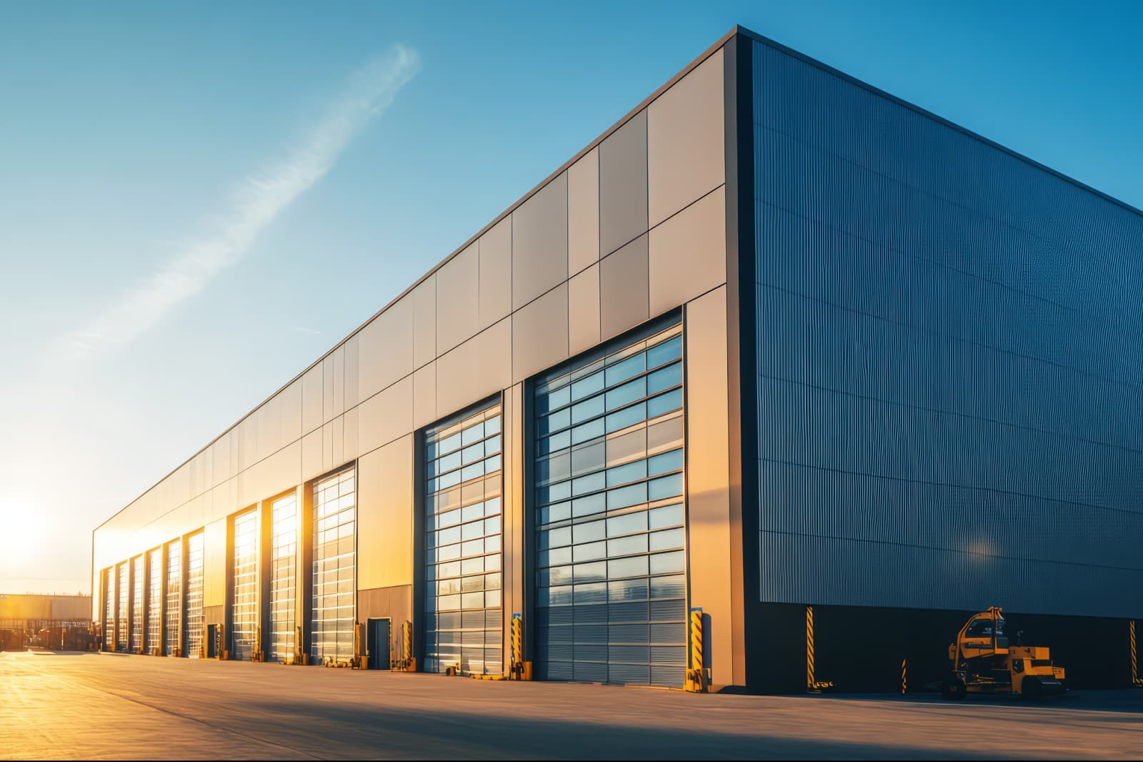 Image shows a large building with high glass garage doors at sunset.  