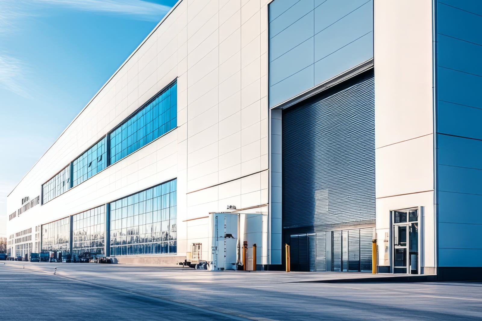 Image shows a large warehouse with slightly overcast skys. The ware house is modern and clean.