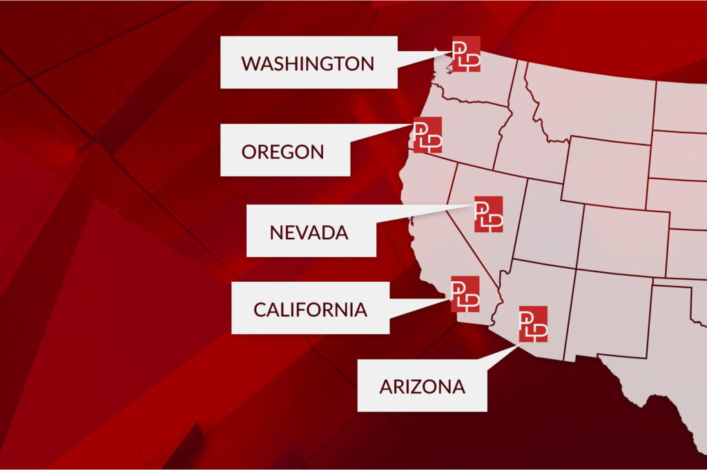 Image of western United States depicting where their investments are located in the coastal area. Showing Washington, Oregon, Nevada, Arizona and California. 